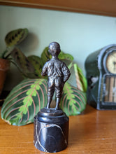 Load image into Gallery viewer, R Moret Bronze Sculpture of Boy Smoking Pipe