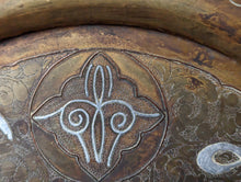 Load image into Gallery viewer, Damascene Brass Islamic Plait Charger Inlaid Copper and Silver Mamluk Revival