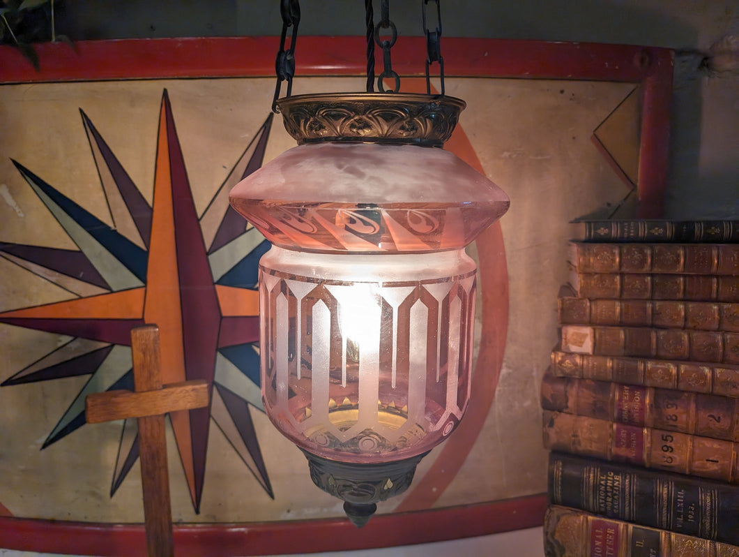Antique Victorian Cranberry Glass Hanging Hall Lantern