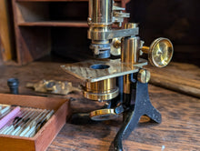 Load image into Gallery viewer, Antique 19th.C Brass Laboratory Microscope With Slides and Attachment's