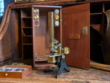 Load image into Gallery viewer, Antique 19th.C Brass Laboratory Microscope With Slides and Attachment's