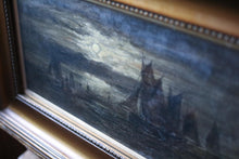 Load image into Gallery viewer, Antique 19th.C Boats at Moonlight Oil on Canvas Painting - 22" x 14"