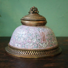 Load image into Gallery viewer, Antique Chinese Pink Ground Famille Rose and Gilded Brass Inkwell