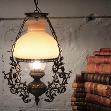 Load image into Gallery viewer, Victorian Hanging Oil Lamp Converted to Electric -  Brass Chandelier Light Fitting
