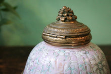 Load image into Gallery viewer, Antique Chinese Pink Ground Famille Rose and Gilded Brass Inkwell
