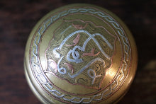 Load image into Gallery viewer, Islamic Brass Lidded Trinket Box With Silver And Copper Inlaid Calligraphy