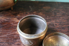 Load image into Gallery viewer, Islamic Brass Lidded Trinket Box With Silver And Copper Inlaid Calligraphy
