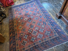 Load image into Gallery viewer, 6'4" x 4'4" - Antique Hand Knotted Wool Tribal Afshar Rug – Reds & Indigo Blues - 194cm x 132cm