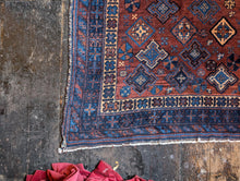 Load image into Gallery viewer, 6'4" x 4'4" - Antique Hand Knotted Wool Tribal Afshar Rug – Reds & Indigo Blues - 194cm x 132cm