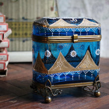 Load image into Gallery viewer, Antique Bohemian Moser Blue Glass Casket Box – Hand-Painted with Gilded Detail