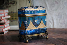 Load image into Gallery viewer, Antique Bohemian Moser Blue Glass Casket Box – Hand-Painted with Gilded Detail