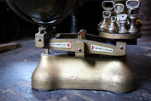 Load image into Gallery viewer, Antique Brass Balance Scales by W & T Avery Ltd with Full Set of Weights - Grocers Scales