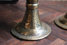 Load image into Gallery viewer, Pair of Antique Indian Brass Vases with Engraved Motifs – 10.5" Tall