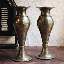 Load image into Gallery viewer, Pair of Antique Indian Brass Vases with Engraved Motifs – 10.5" Tall