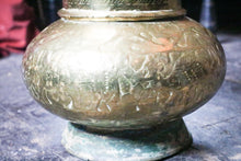 Load image into Gallery viewer, Antique Indian Brass Jardinière – Hand-Tooled with Figural Motifs – 26cm Tall