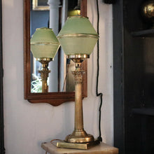 Load image into Gallery viewer, Tall Brass Column Lamp with Pale Green Deco Shade – c.1930s