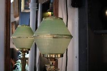 Load image into Gallery viewer, Tall Brass Column Lamp with Pale Green Deco Shade – c.1930s