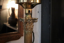 Load image into Gallery viewer, Tall Brass Column Lamp with Pale Green Deco Shade – c.1930s