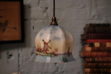 Load image into Gallery viewer, Antique Hand-Painted Opaline Glass Pendant Light – Sailing Boat & Windmill Scene, c.1920s