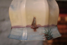 Load image into Gallery viewer, Antique Hand-Painted Opaline Glass Pendant Light – Sailing Boat & Windmill Scene, c.1920s