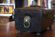 Load image into Gallery viewer, Antique Georgian Ebonised Tea Caddy with Lion Mask Handles – 19th Century Black Wooden Tea Box