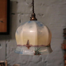 Load image into Gallery viewer, Antique Hand-Painted Opaline Glass Pendant Light – Sailing Boat & Windmill Scene, c.1920s