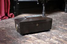 Load image into Gallery viewer, Antique Georgian Ebonised Tea Caddy with Lion Mask Handles – 19th Century Black Wooden Tea Box