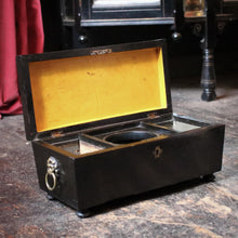 Load image into Gallery viewer, Antique Georgian Ebonised Tea Caddy with Lion Mask Handles – 19th Century Black Wooden Tea Box