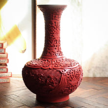 Load image into Gallery viewer, Carved Red Cinnabar-Style Vase With Blue Enamel Lining, Mid-20th Century