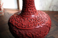 Load image into Gallery viewer, Carved Red Cinnabar-Style Vase With Blue Enamel Lining, Mid-20th Century