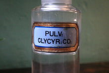 Load image into Gallery viewer, Victorian Chemist’s Apothecary Jar — “Pulv. Glycyr. Co.” Blue Label With Ground Stopper