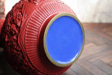 Load image into Gallery viewer, Carved Red Cinnabar-Style Vase With Blue Enamel Lining, Mid-20th Century
