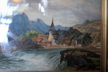 Load image into Gallery viewer, Vintage C.1940 Alpine Village Watercolour in Gilt Frame, 96.5cm x 52cm