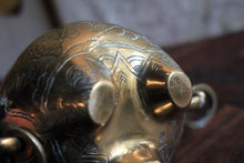 Load image into Gallery viewer, Hand-Engraved Brass Tripod Censer With Mask Ring Handles, Phoenix & Peony Motifs, Mid–20th Century