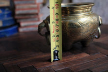 Load image into Gallery viewer, Hand-Engraved Brass Tripod Censer With Mask Ring Handles, Phoenix & Peony Motifs, Mid–20th Century