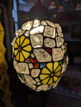 Load image into Gallery viewer, C.1940 Vintage Mosaic Chunk Stained Glass Pendant Light With Floral Medallions — Rewired