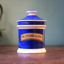Load image into Gallery viewer, Antique Blue and White Apothecary Opium Jar – “Pil. Plumb.Cu Opio” – 19th Century Chemist Pot