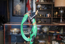Load image into Gallery viewer, 1920s Art Deco Bronze Figure – Dancing Lady Holding Globe – Cold-Painted in Green and Gold – 51 cm