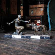 Load image into Gallery viewer, 1920s Art Deco Bronze Figure – Dancing Lady Holding Globe – Cold-Painted in Green and Gold – 51 cm