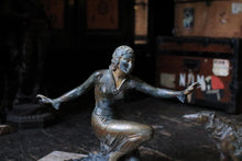 Load image into Gallery viewer, 1920s Art Deco Bronze Figure – Dancing Lady Holding Globe – Cold-Painted in Green and Gold – 51 cm