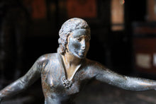 Load image into Gallery viewer, 1920s Art Deco Bronze Figure – Dancing Lady Holding Globe – Cold-Painted in Green and Gold – 51 cm