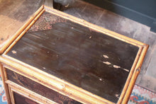 Load image into Gallery viewer, Victorian Aesthetic Bamboo Cabinet With Japanned Panels & Verre Églomisé Drop-Front — Buttoned Purple Interior — 43 × 31 × 77 cm