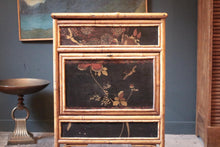 Load image into Gallery viewer, Victorian Aesthetic Bamboo Cabinet With Japanned Panels & Verre Églomisé Drop-Front — Buttoned Purple Interior — 43 × 31 × 77 cm