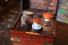 Load image into Gallery viewer, Antique Mahogany Apothecary Chest with Original Glass Bottles and Brass Mounts – 22 x 16 x 19 cm