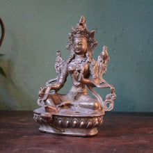 Load image into Gallery viewer, Early 20th.C Tibetan Tara Goddess Statue in Silvered Brass – Lotus Throne, Mudra Hand Pose