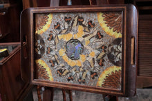 Load image into Gallery viewer, Mid-Century Brazilian Butterfly-Wing Tray With Inlaid Wood Border – Galeria Brasil, Santos – Kaleidoscopic Specimen Art, c. 1940s–60s