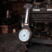 Load image into Gallery viewer, Carved Oak Aneroid Banjo Barometer With Thermometer & Brass Presentation Plaque, Dated 1919 – Crack to Glass