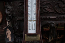 Load image into Gallery viewer, Carved Oak Aneroid Banjo Barometer With Thermometer & Brass Presentation Plaque, Dated 1919 – Crack to Glass
