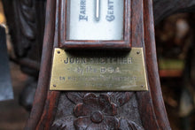 Load image into Gallery viewer, Carved Oak Aneroid Banjo Barometer With Thermometer & Brass Presentation Plaque, Dated 1919 – Crack to Glass
