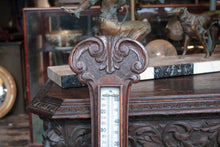 Load image into Gallery viewer, Carved Oak Aneroid Banjo Barometer With Thermometer & Brass Presentation Plaque, Dated 1919 – Crack to Glass